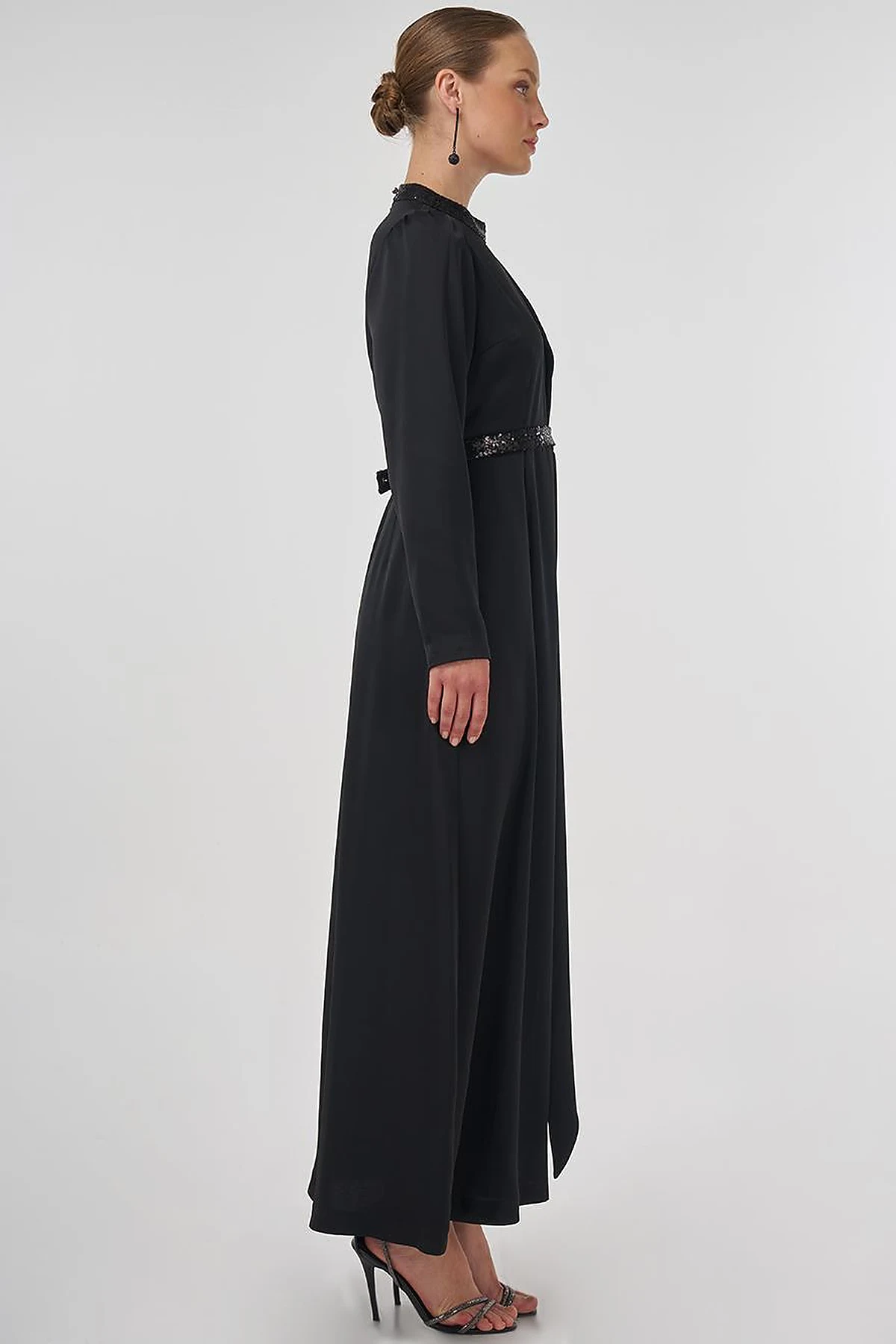 Embroidered Satin Draped Dress in Black