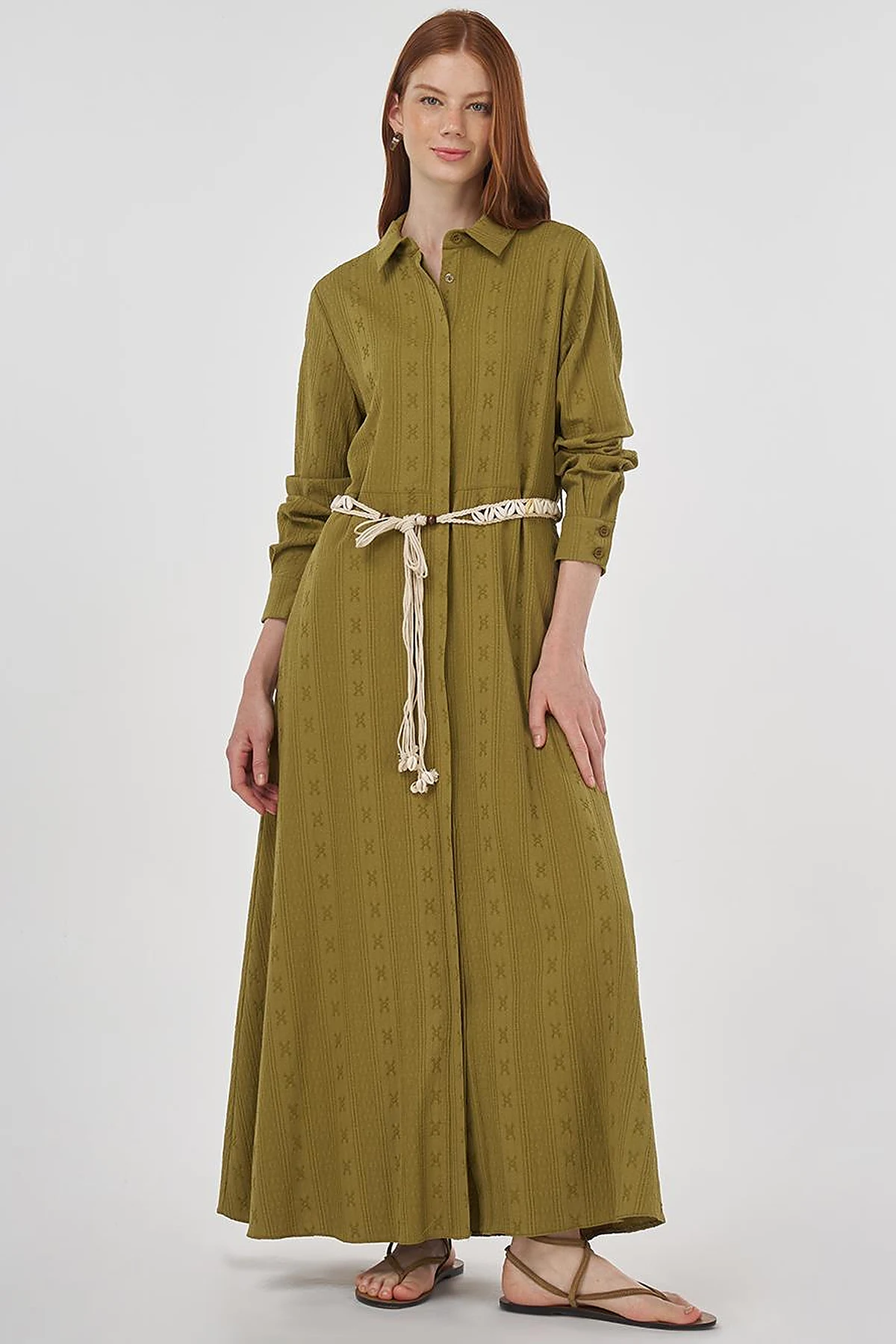 Belted Crinkled Dress in Khaki