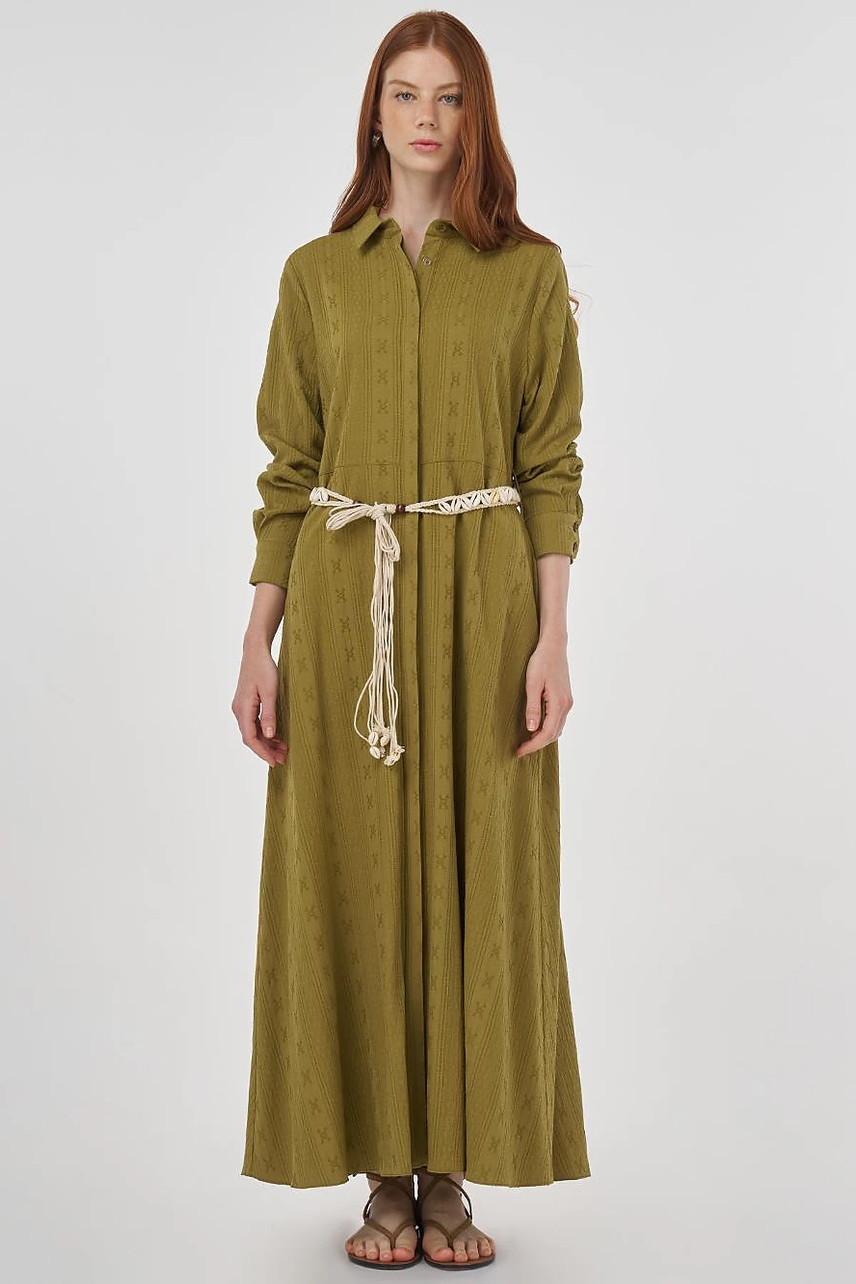 Belted Crinkled Dress in Khaki
