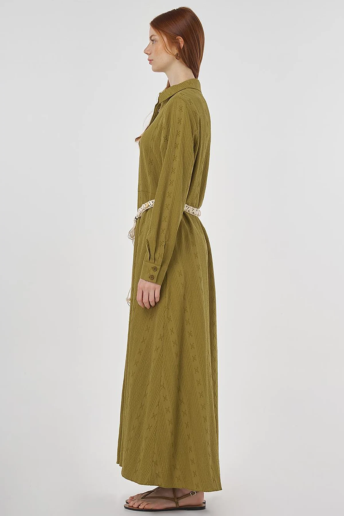 Belted Crinkled Dress in Khaki