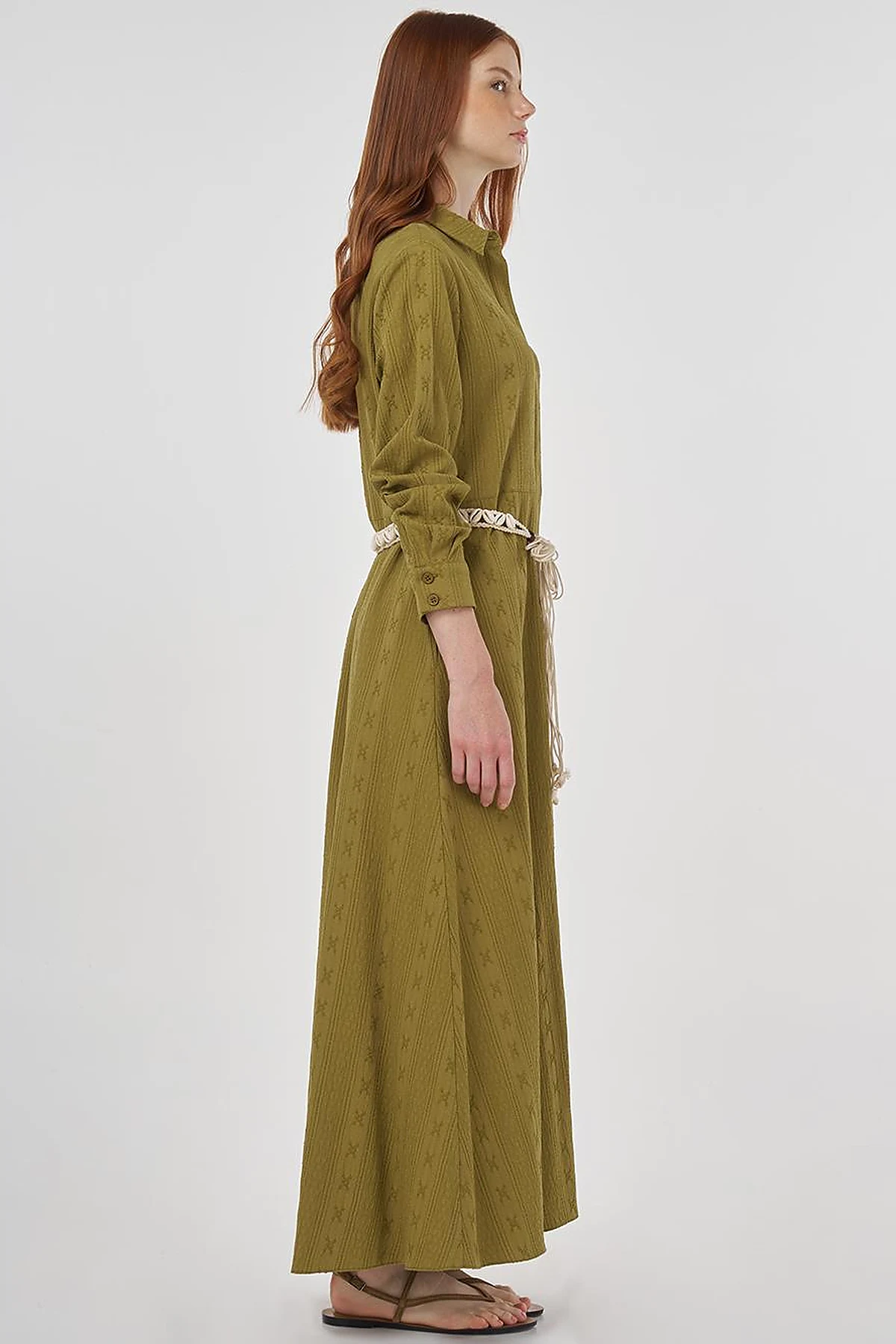 Belted Crinkled Dress in Khaki