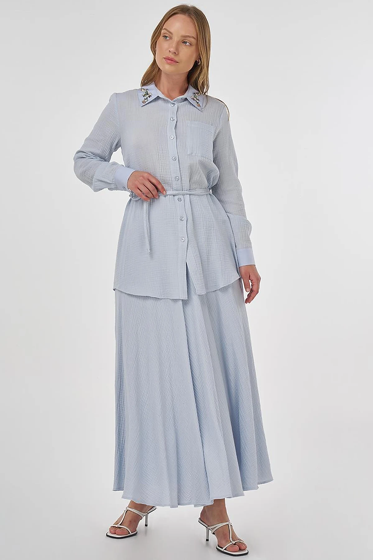 Stone-Embellished Collar Muslin Tunic Blue