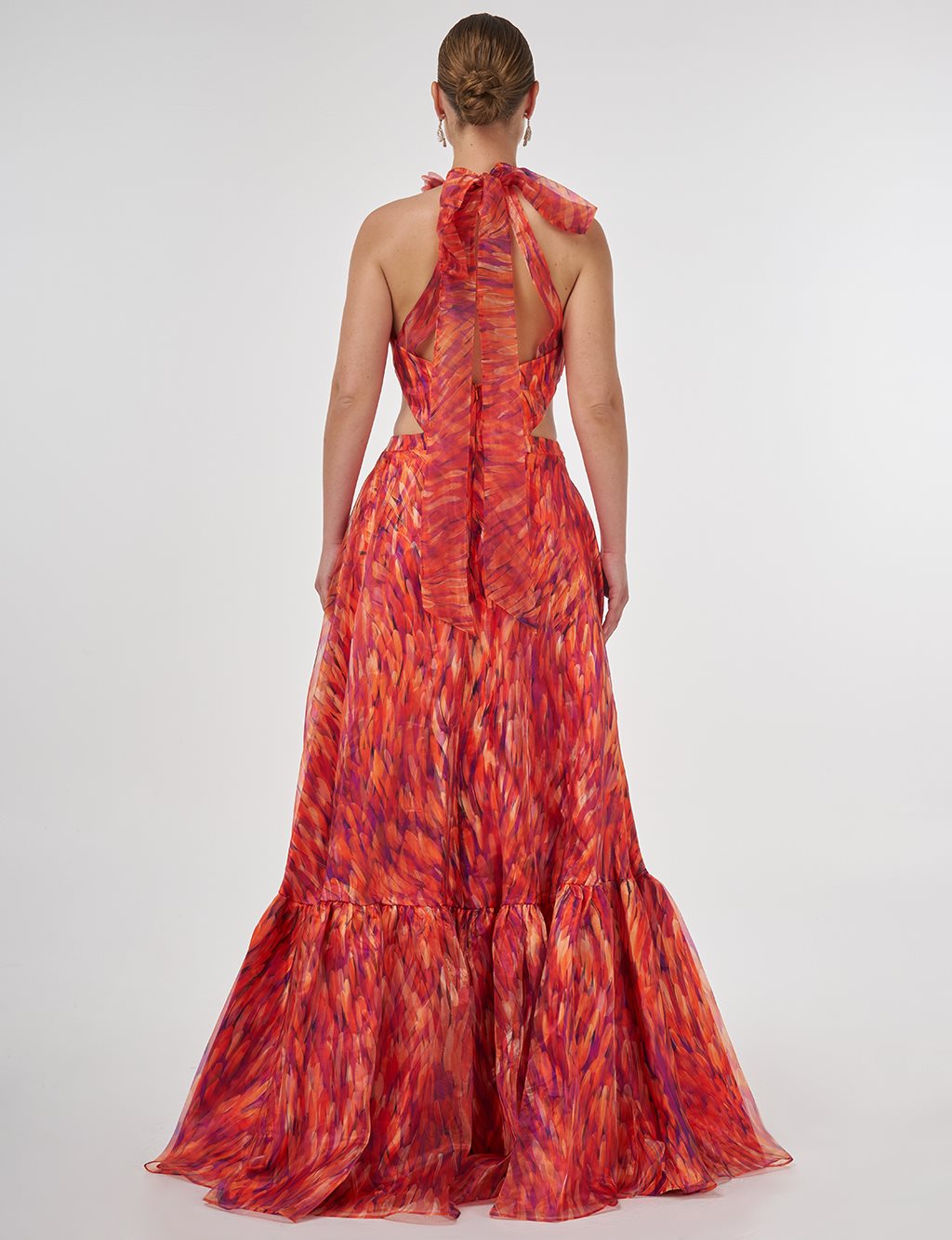 Abstract Pattern Ruffled Evening Dress Red