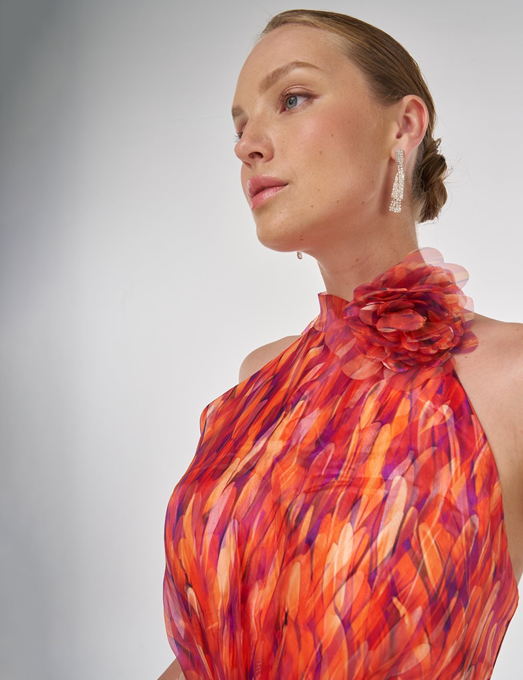 Abstract Pattern Ruffled Evening Dress Red