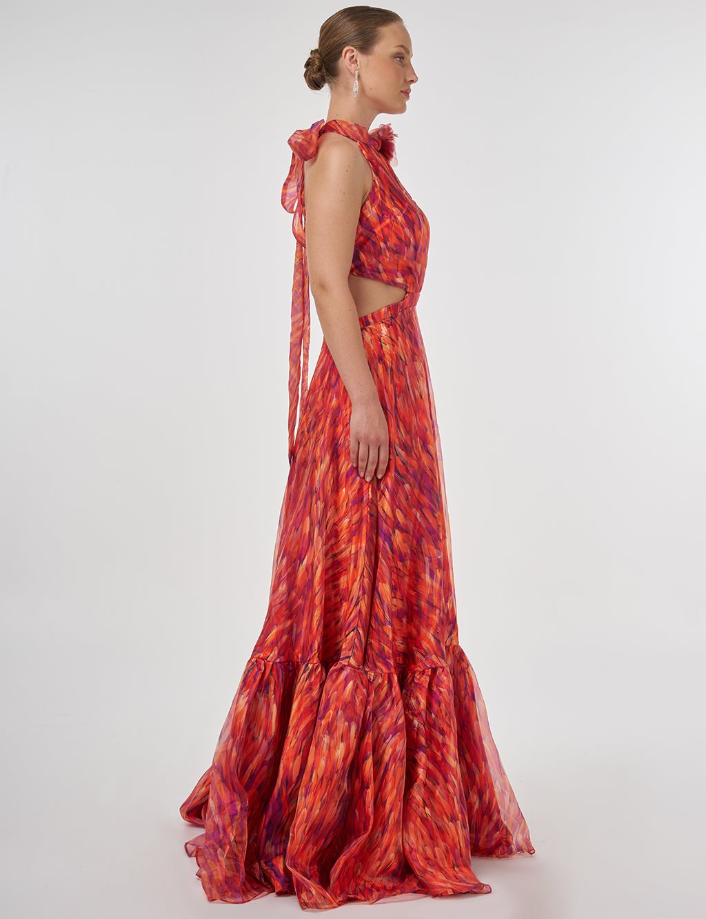 Abstract Pattern Ruffled Evening Dress Red