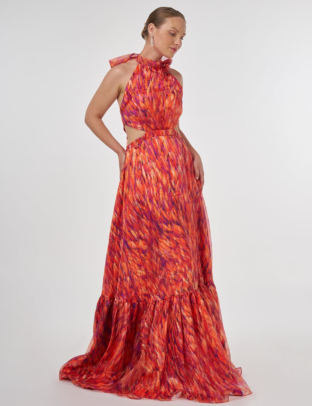 Abstract Pattern Ruffled Evening Dress Red