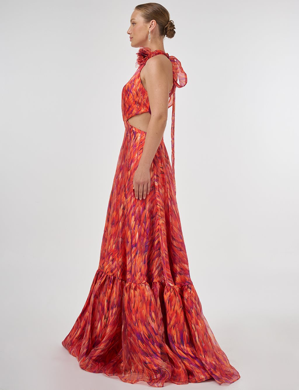 Abstract Pattern Ruffled Evening Dress Red