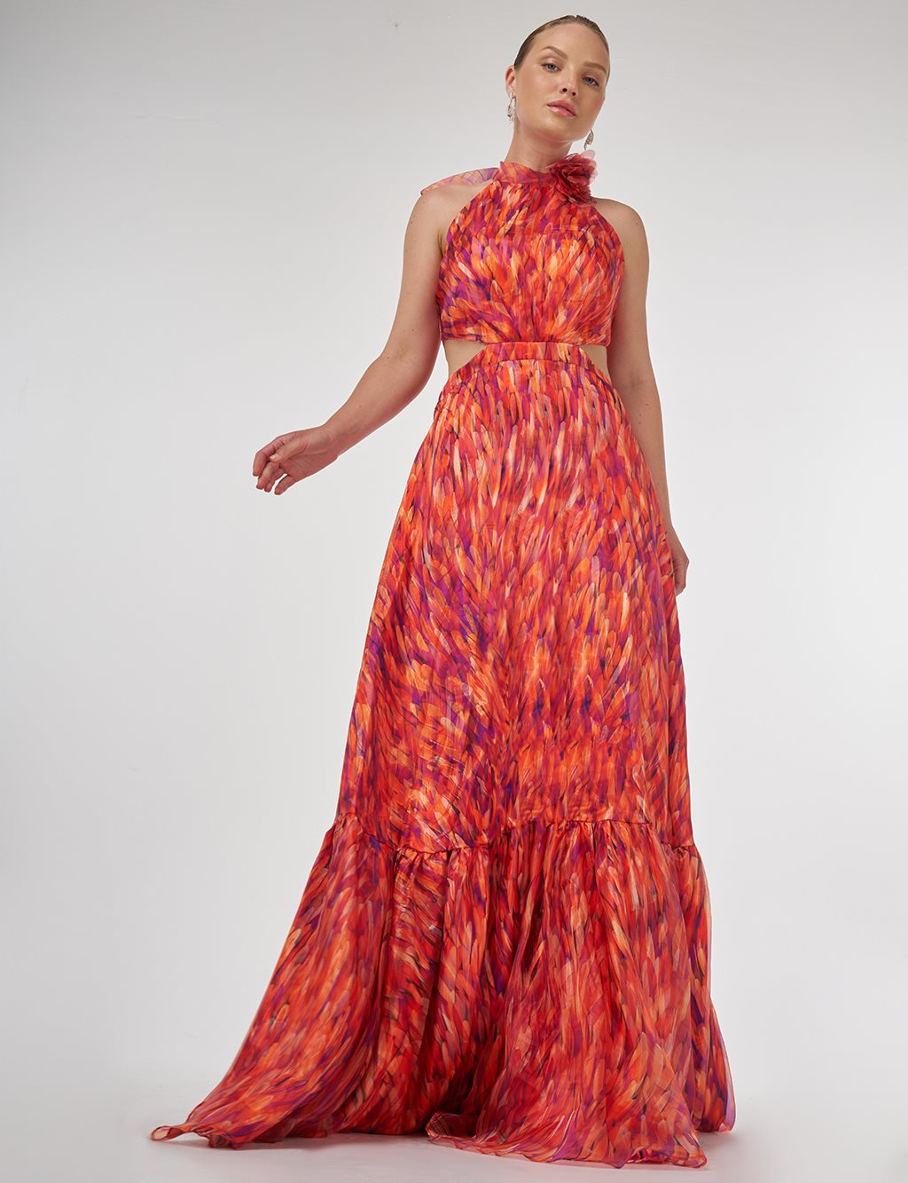 Abstract Pattern Ruffled Evening Dress Red