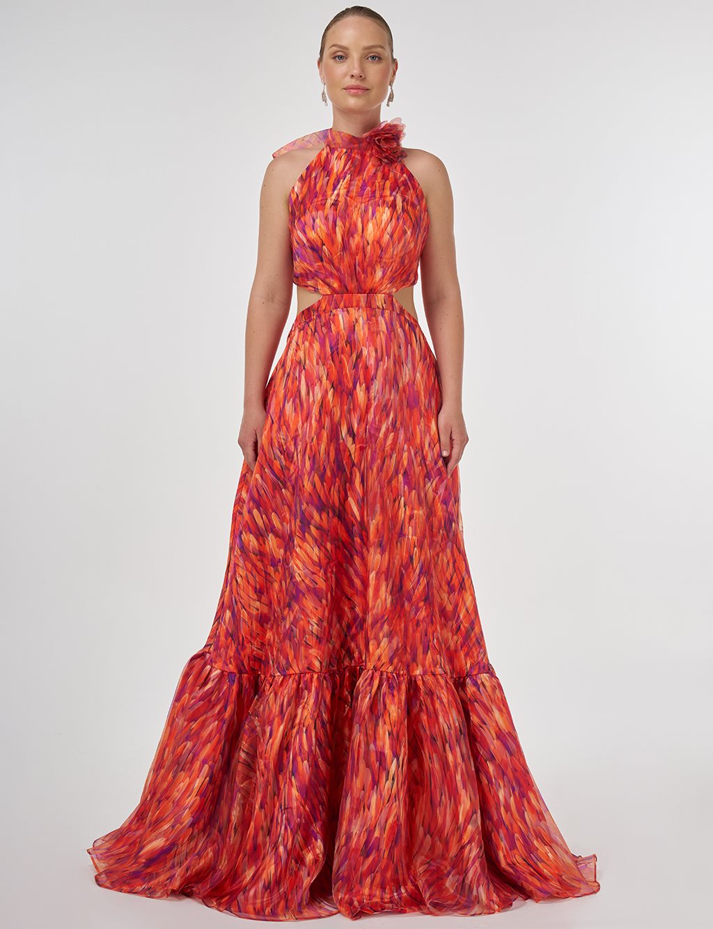 Abstract Pattern Ruffled Evening Dress Red