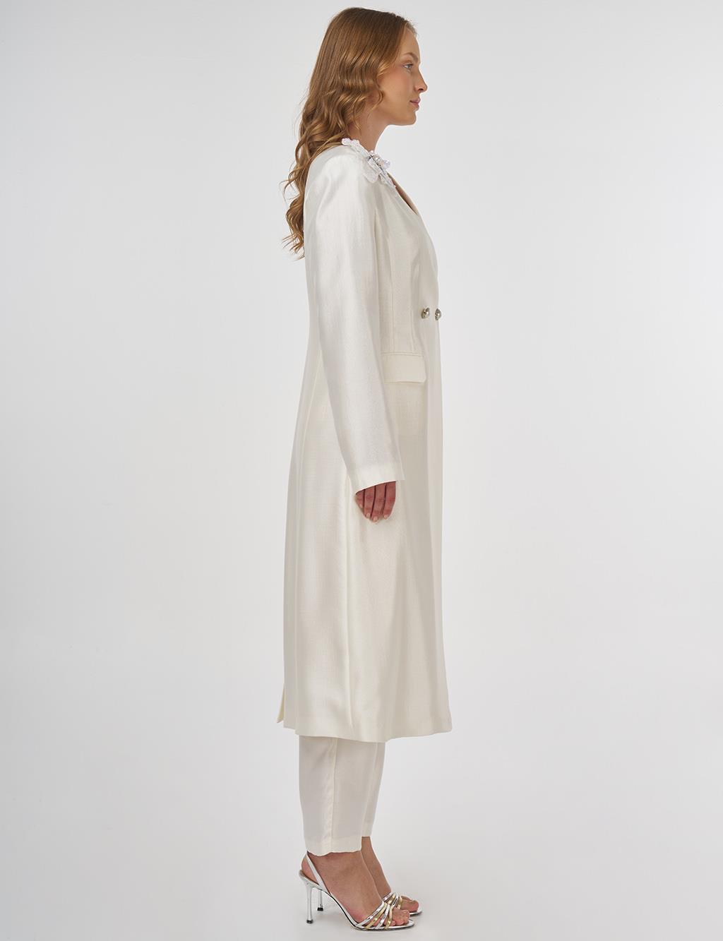Satin Two-Piece Set with Brooch Ecru