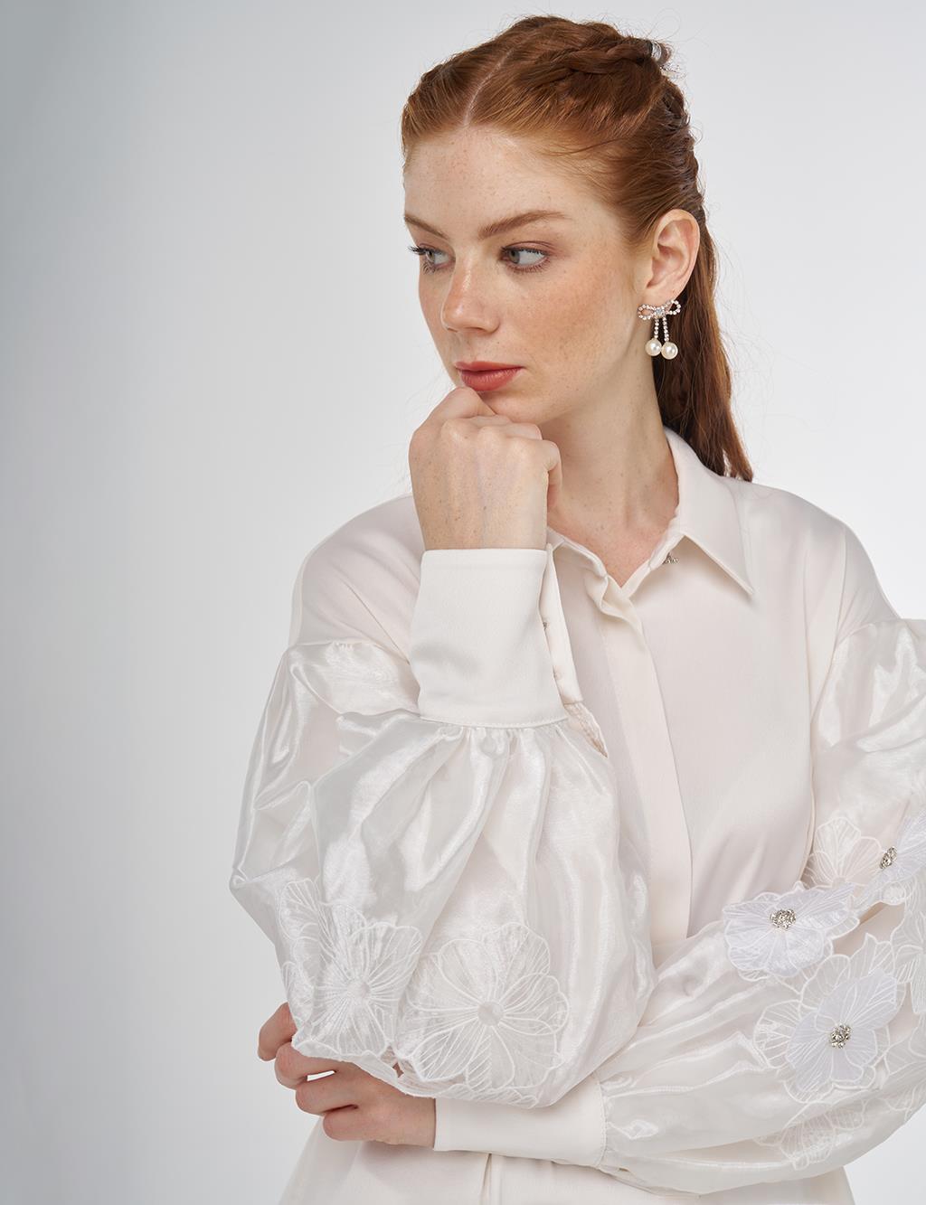 Floral Appliqué Satin Tunic in Ecru