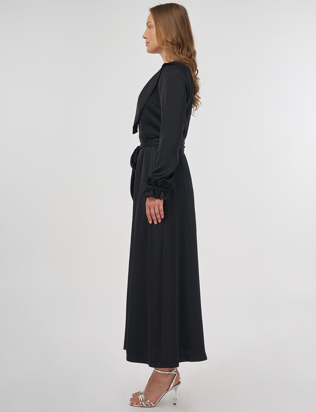 Satin Dress with Collar Detail Black