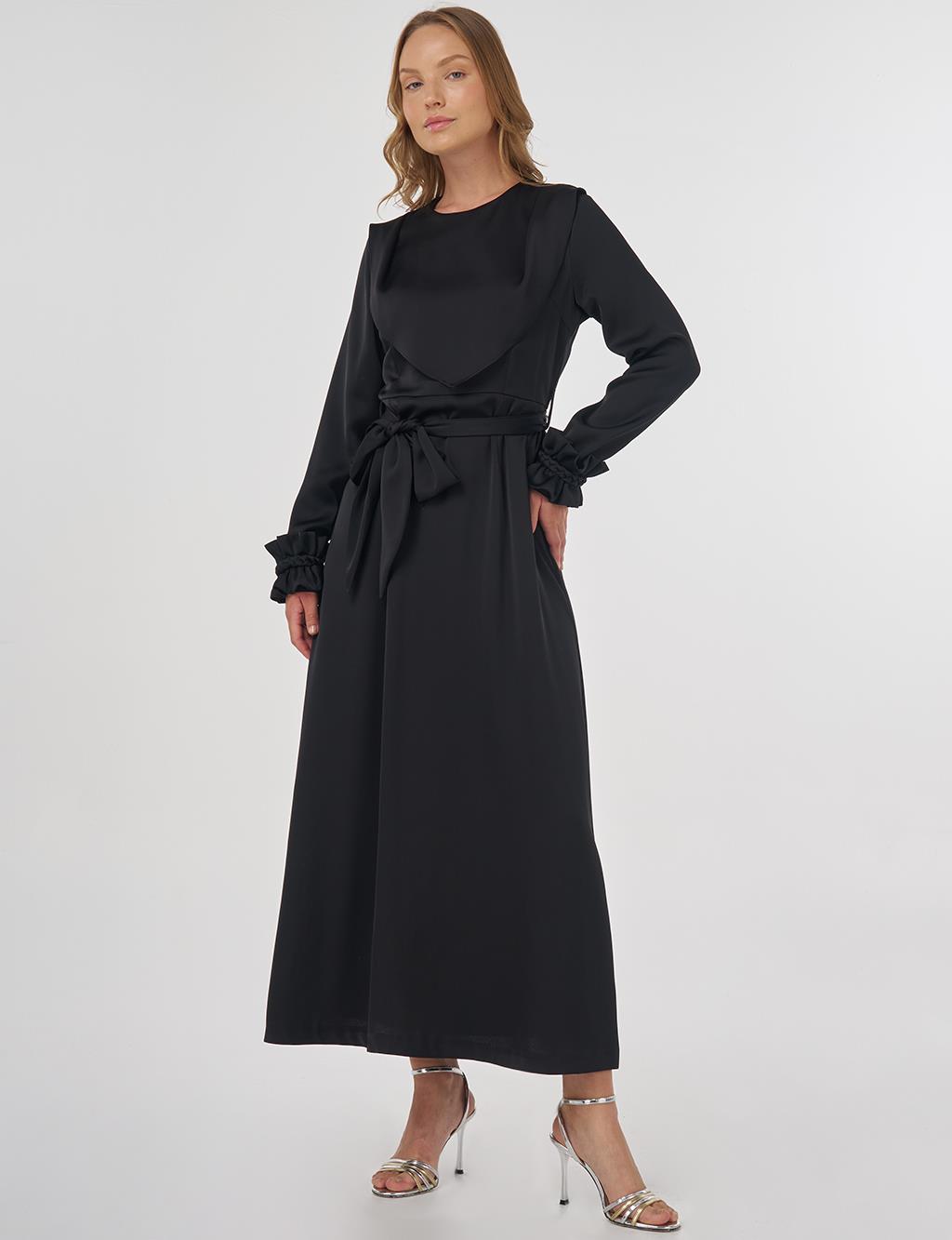 Satin Dress with Collar Detail Black