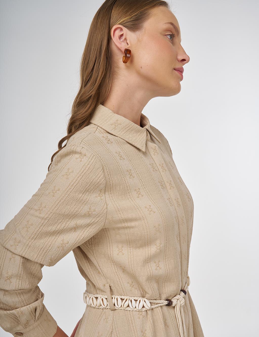 Belted Crinkled Dress in Cream