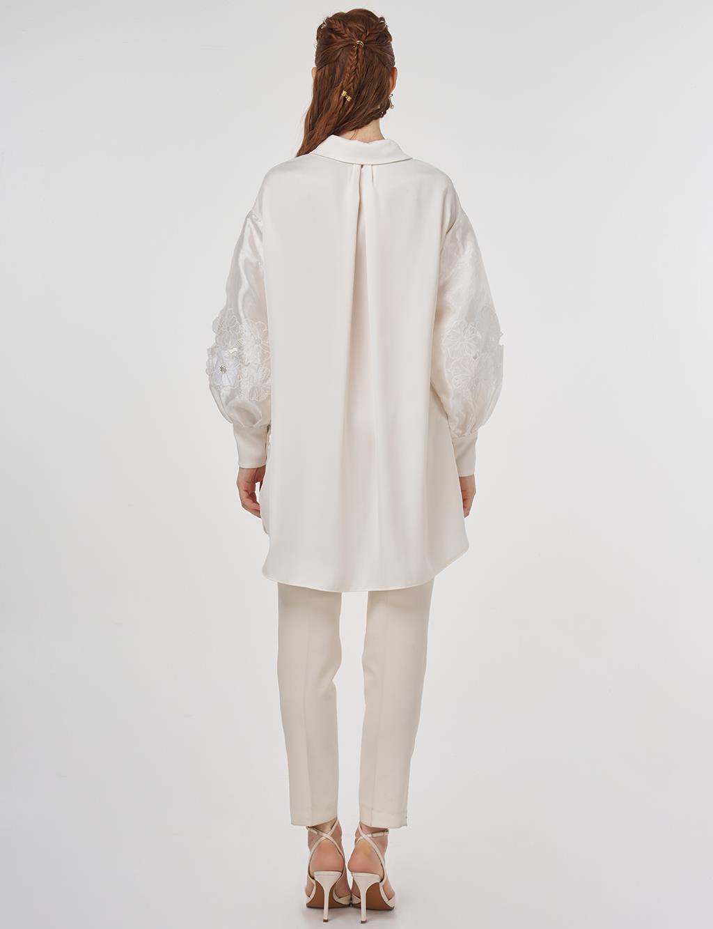 Floral Appliqué Satin Tunic in Ecru