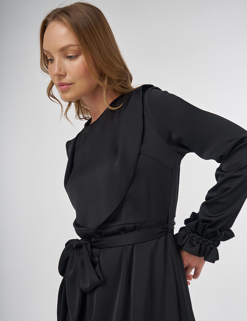 Satin Dress with Collar Detail Black