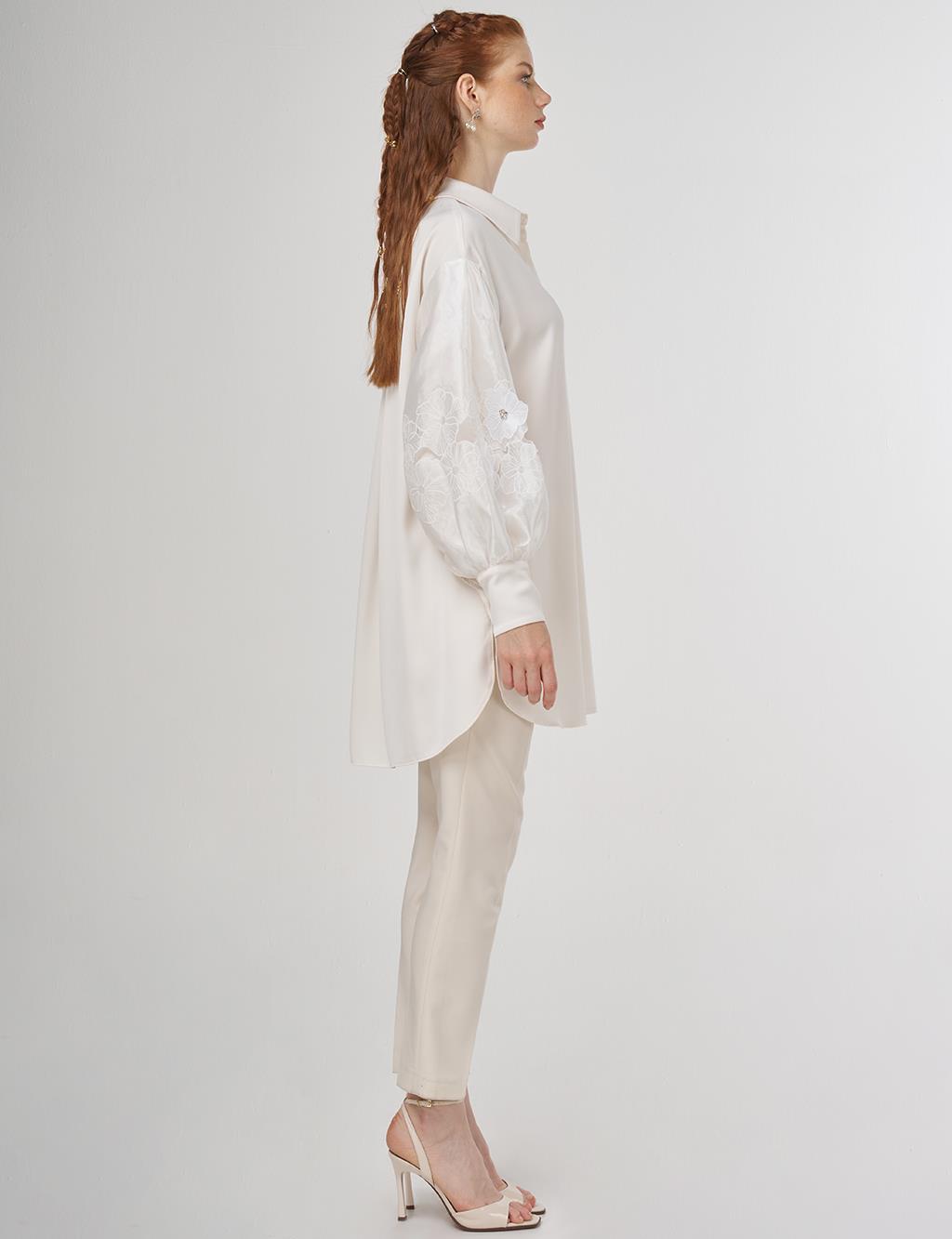 Floral Appliqué Satin Tunic in Ecru