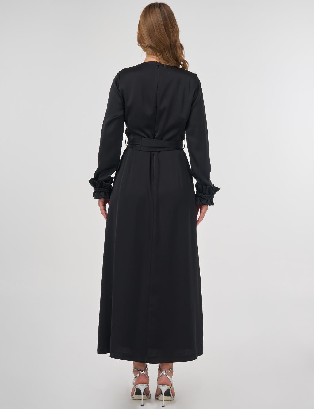 Satin Dress with Collar Detail Black