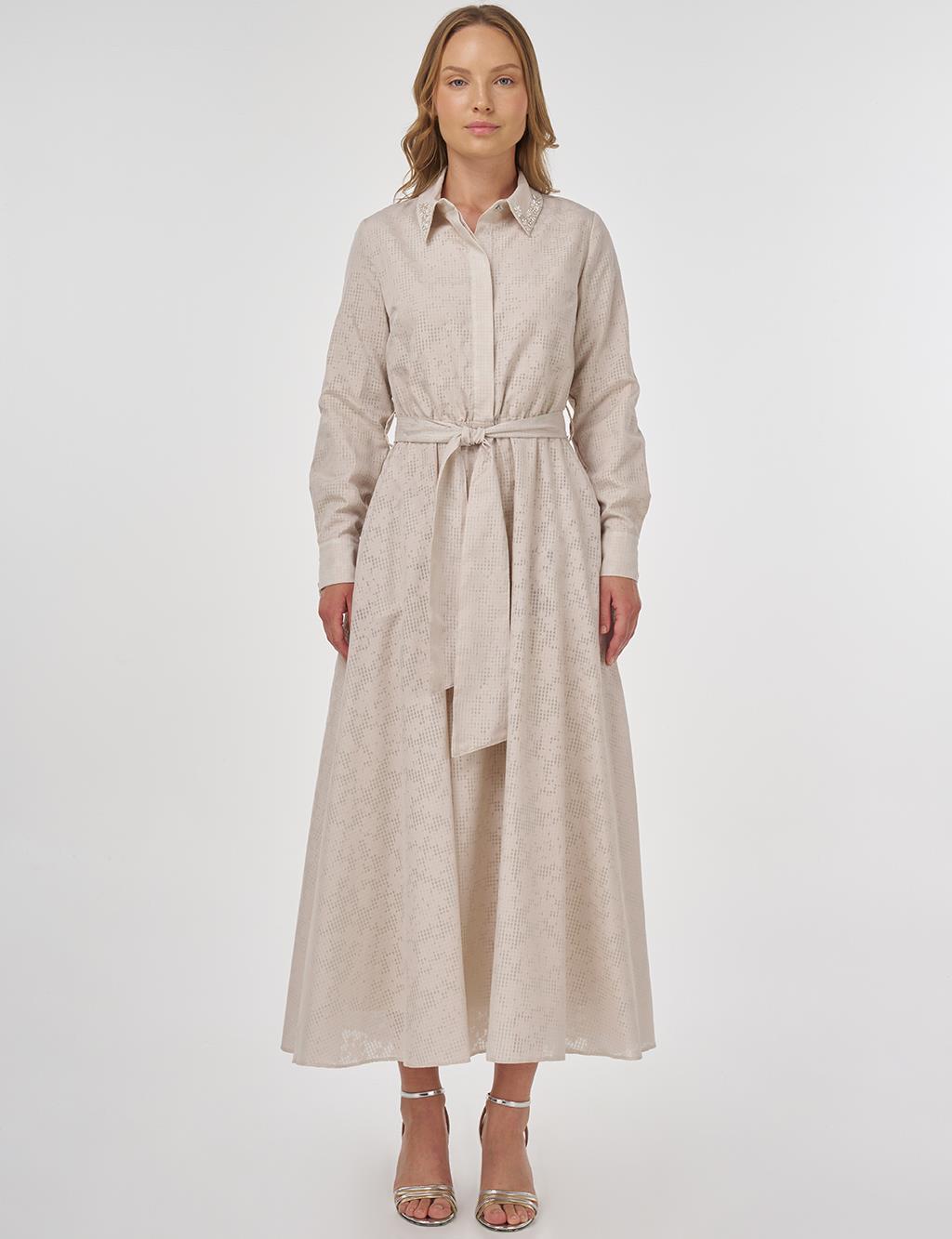 Embroidered Collar Cotton Dress Stone