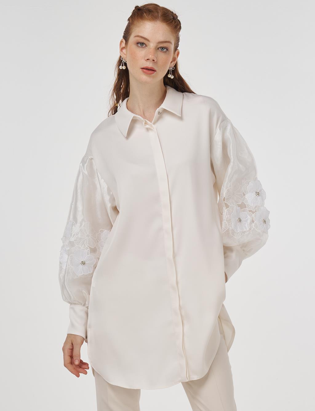Floral Appliqué Satin Tunic in Ecru