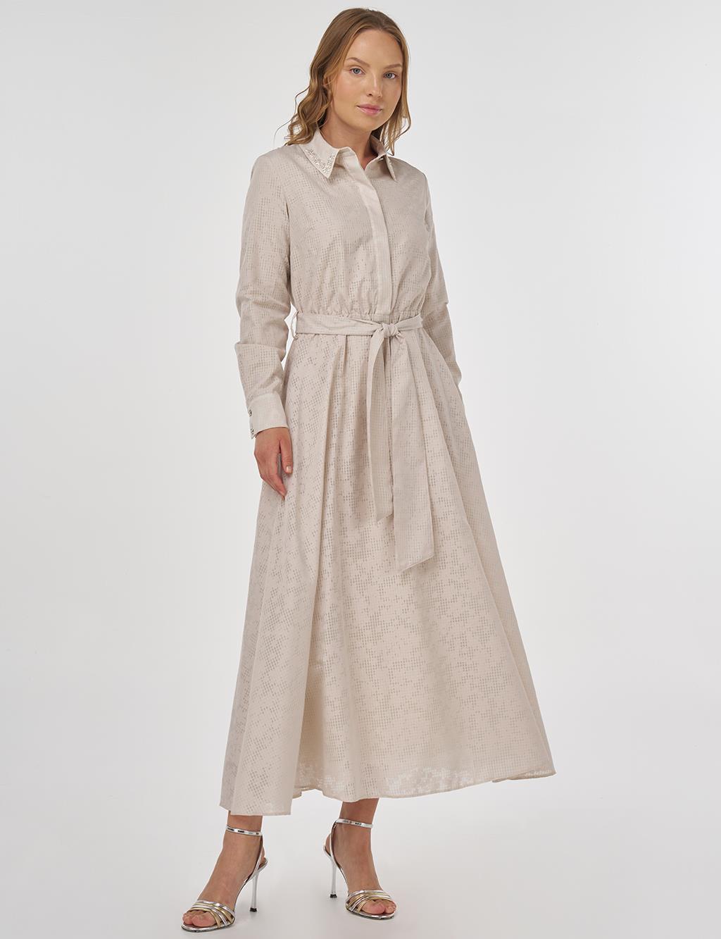 Embroidered Collar Cotton Dress Stone