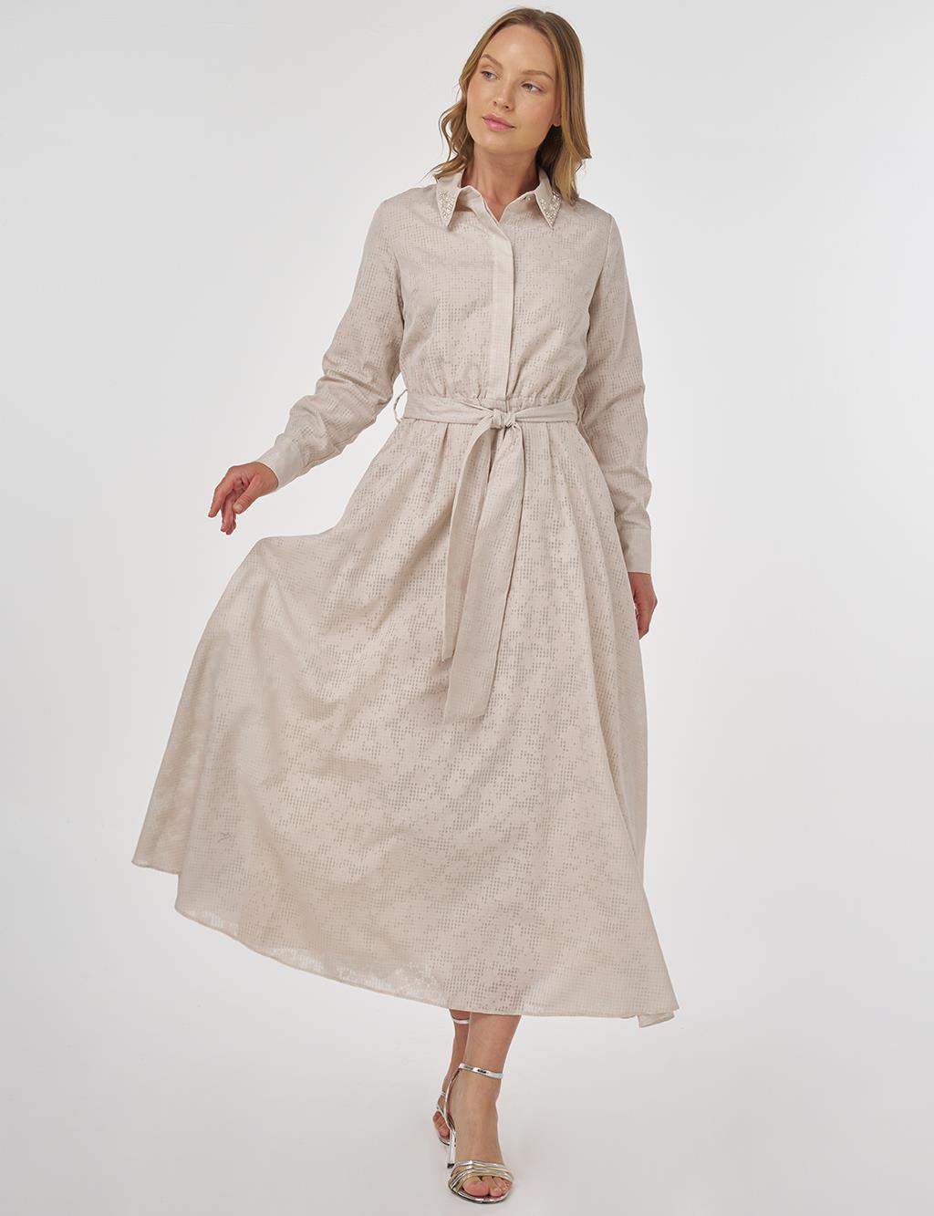 Embroidered Collar Cotton Dress Stone