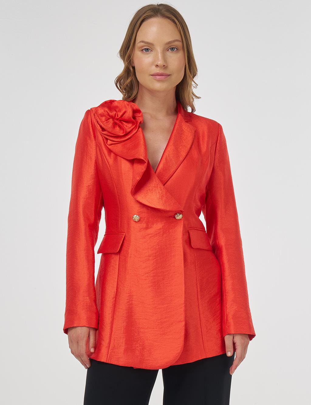 Gül Motifli Şık Blazer Ceket Kırmızı 
