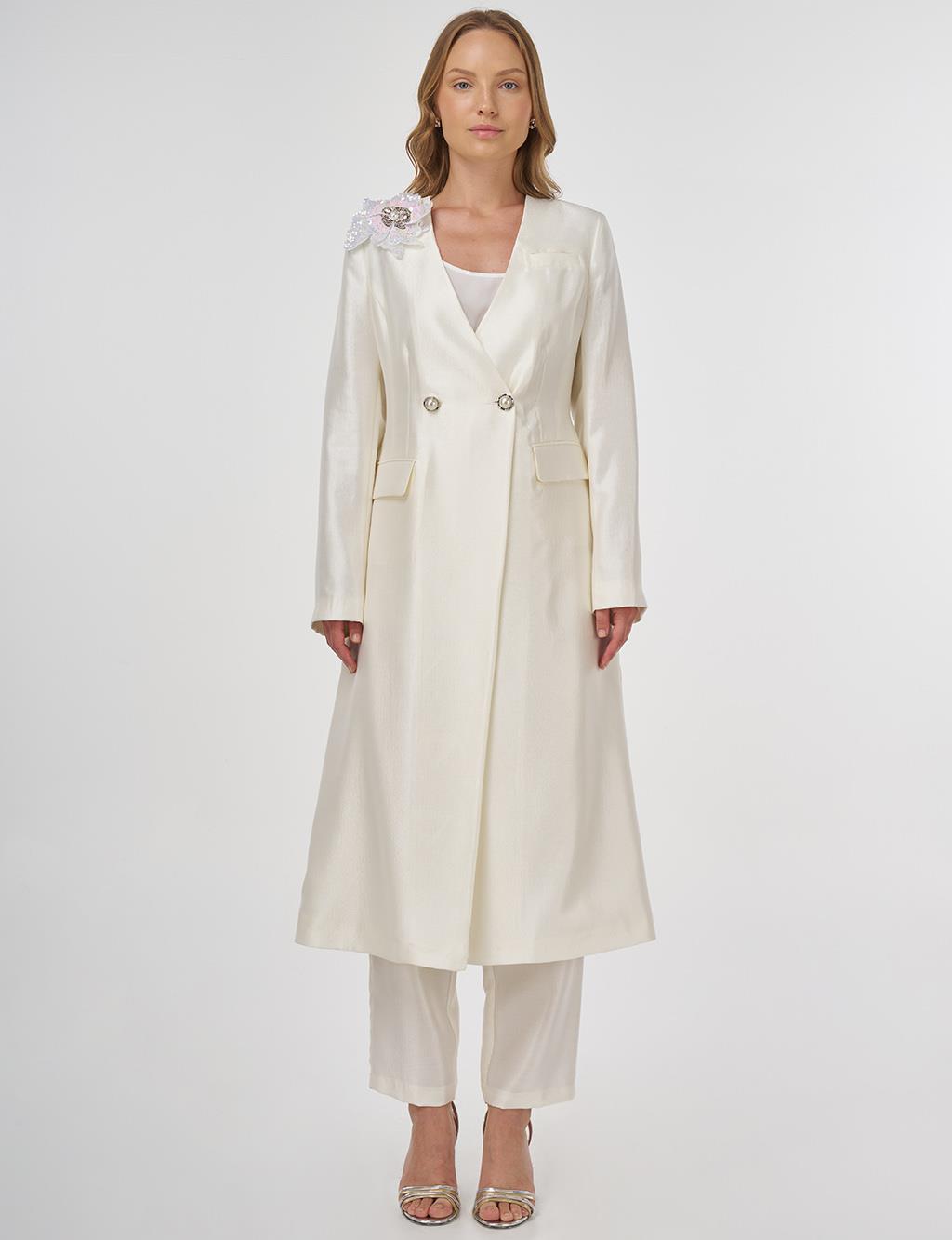 Satin Two-Piece Set with Brooch Ecru