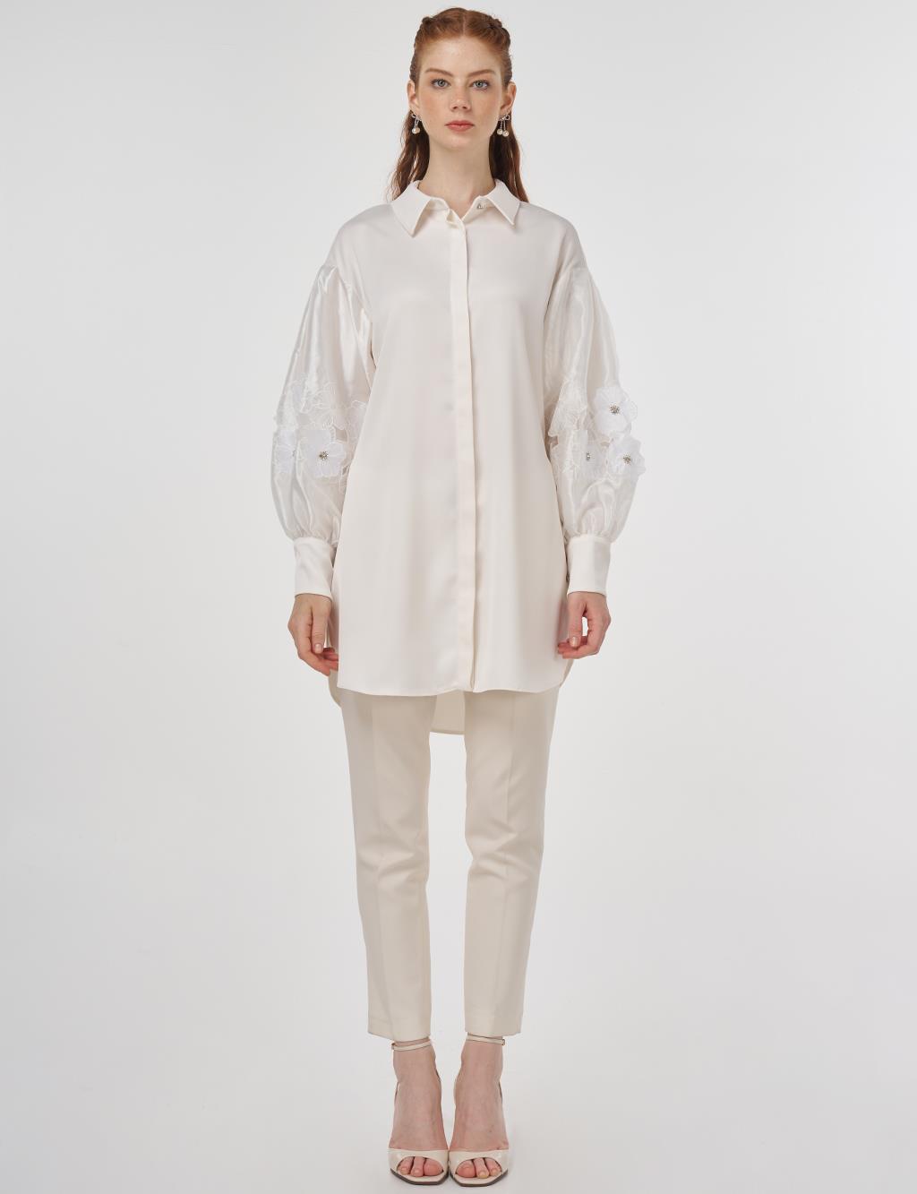 Floral Appliqué Satin Tunic in Ecru