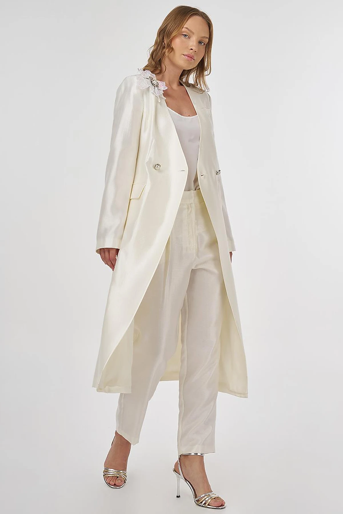 Satin Two-Piece Set with Brooch Ecru