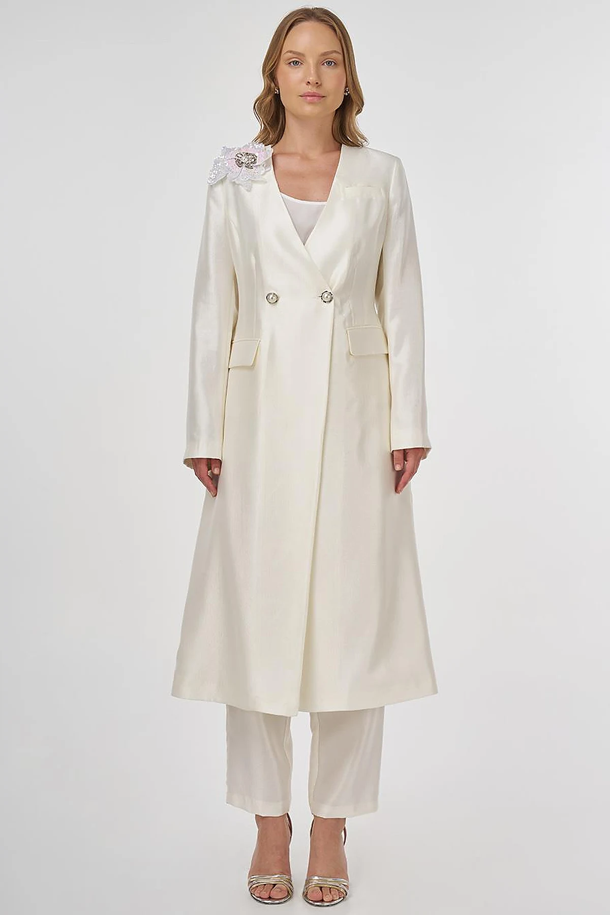 Satin Two-Piece Set with Brooch Ecru