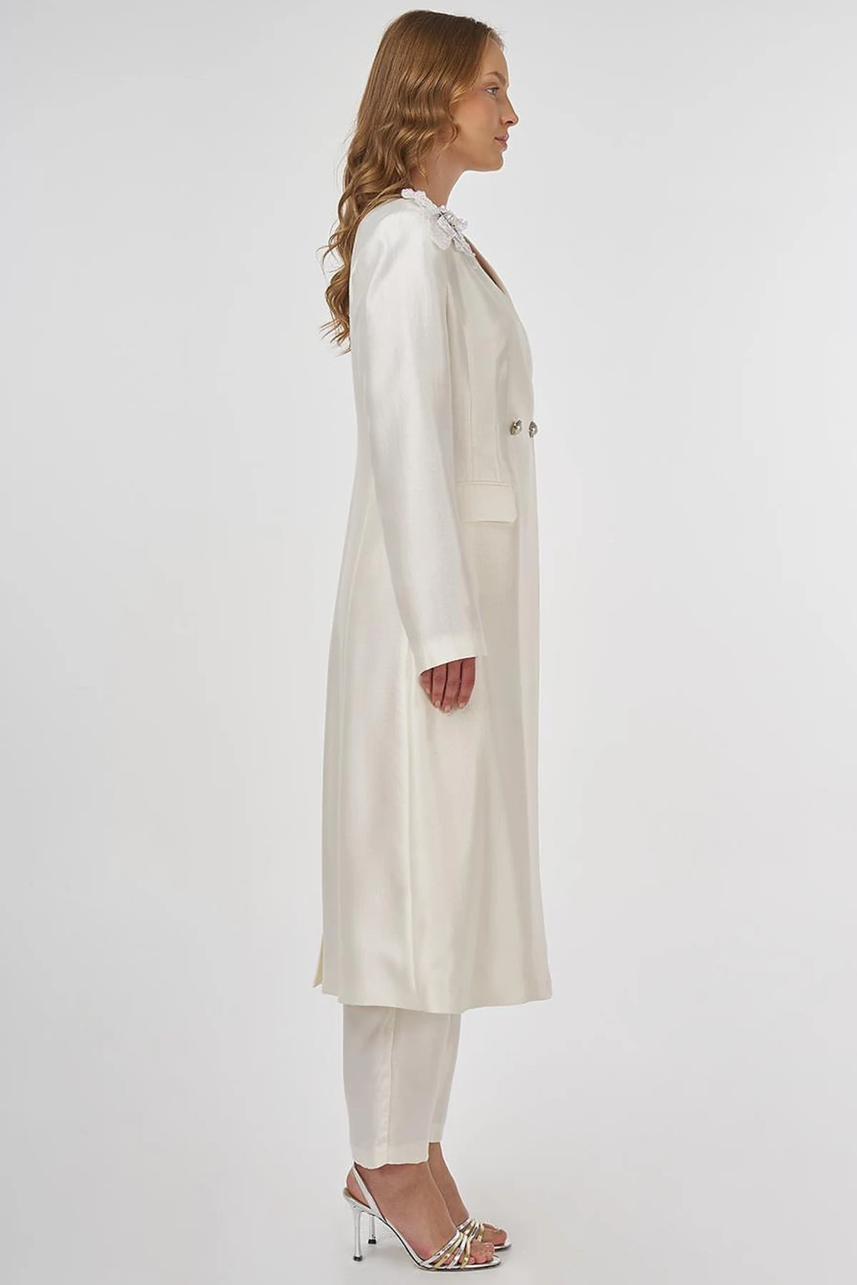 Satin Two-Piece Set with Brooch Ecru