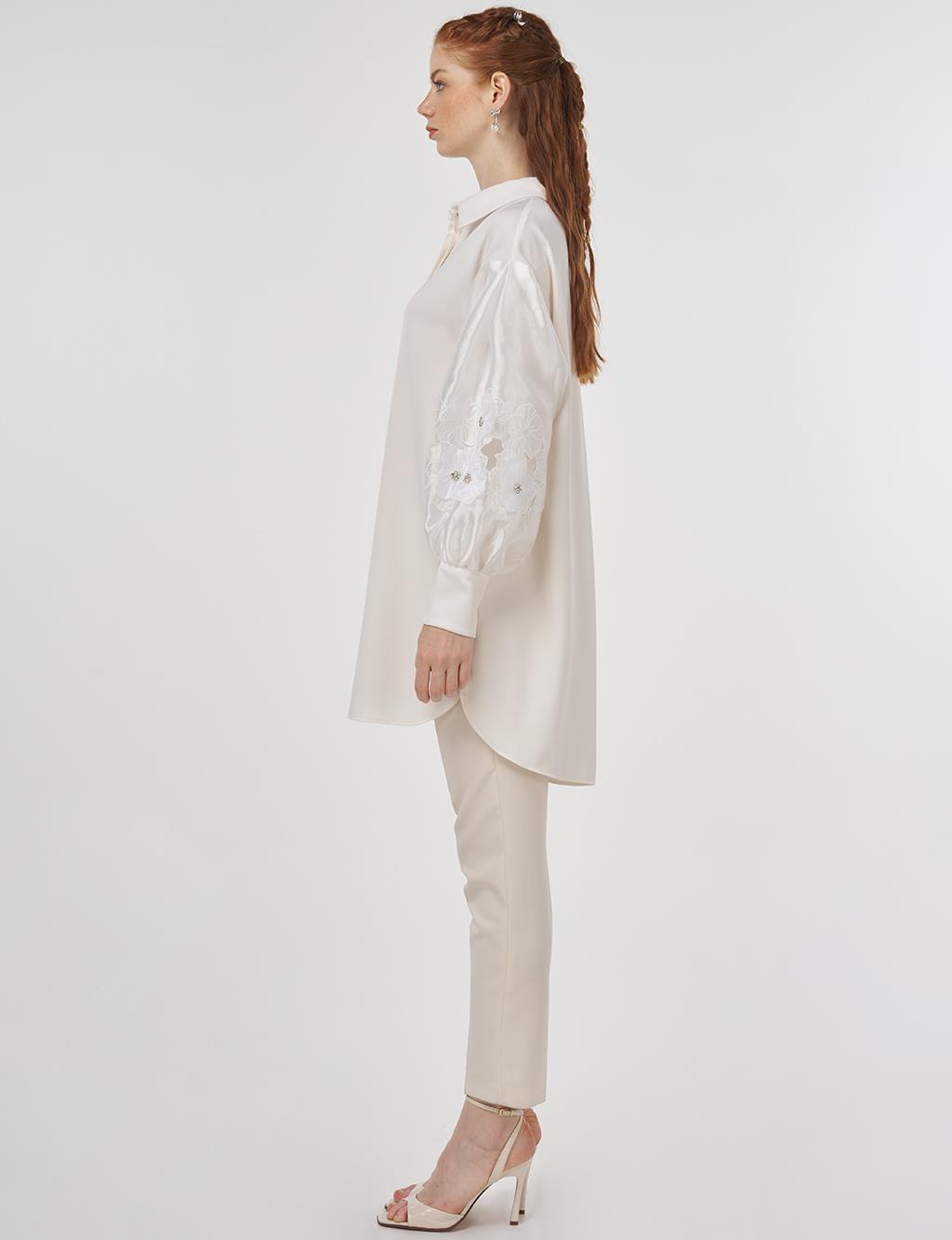 Floral Appliqué Satin Tunic in Ecru