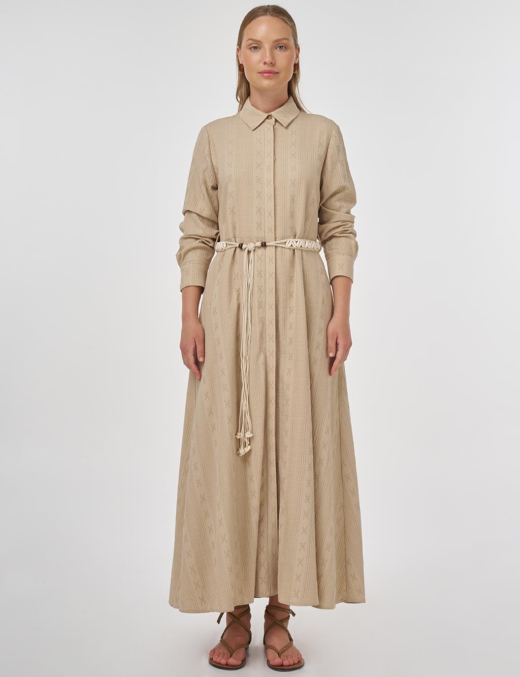 Belted Crinkled Dress in Cream