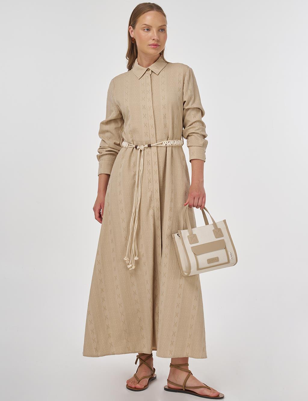 Belted Crinkled Dress in Cream