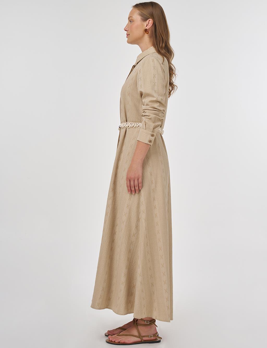 Belted Crinkled Dress in Cream