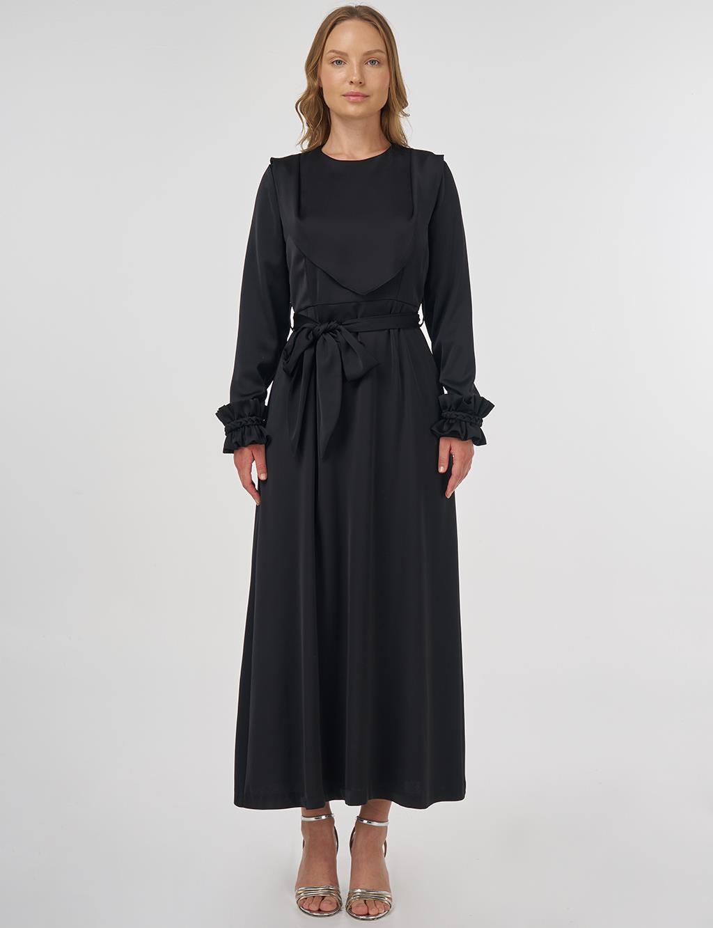 Satin Dress with Collar Detail Black