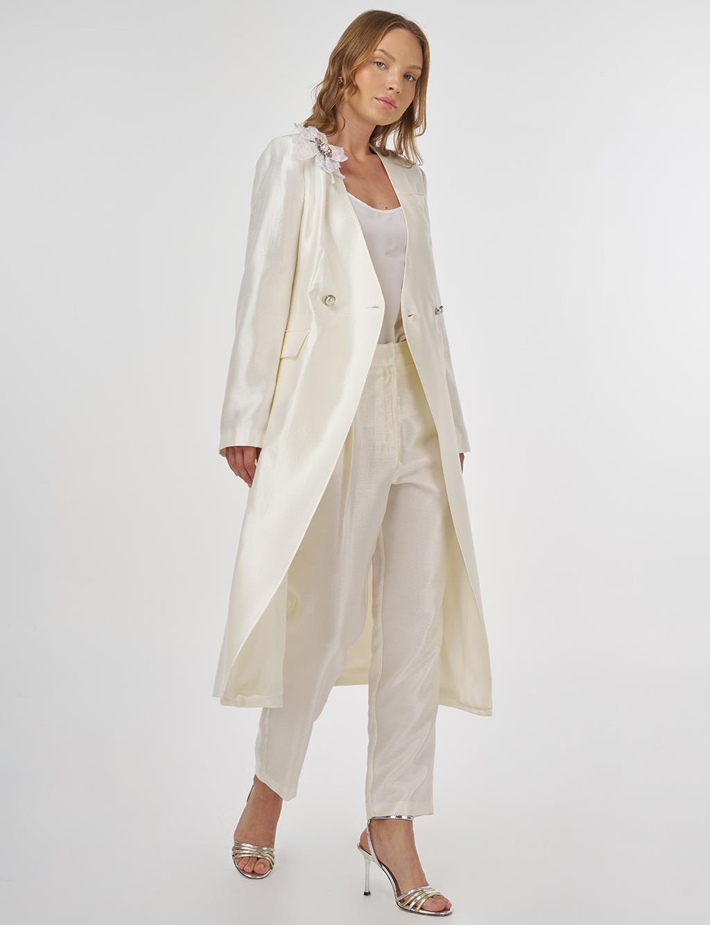 Satin Two-Piece Set with Brooch Ecru