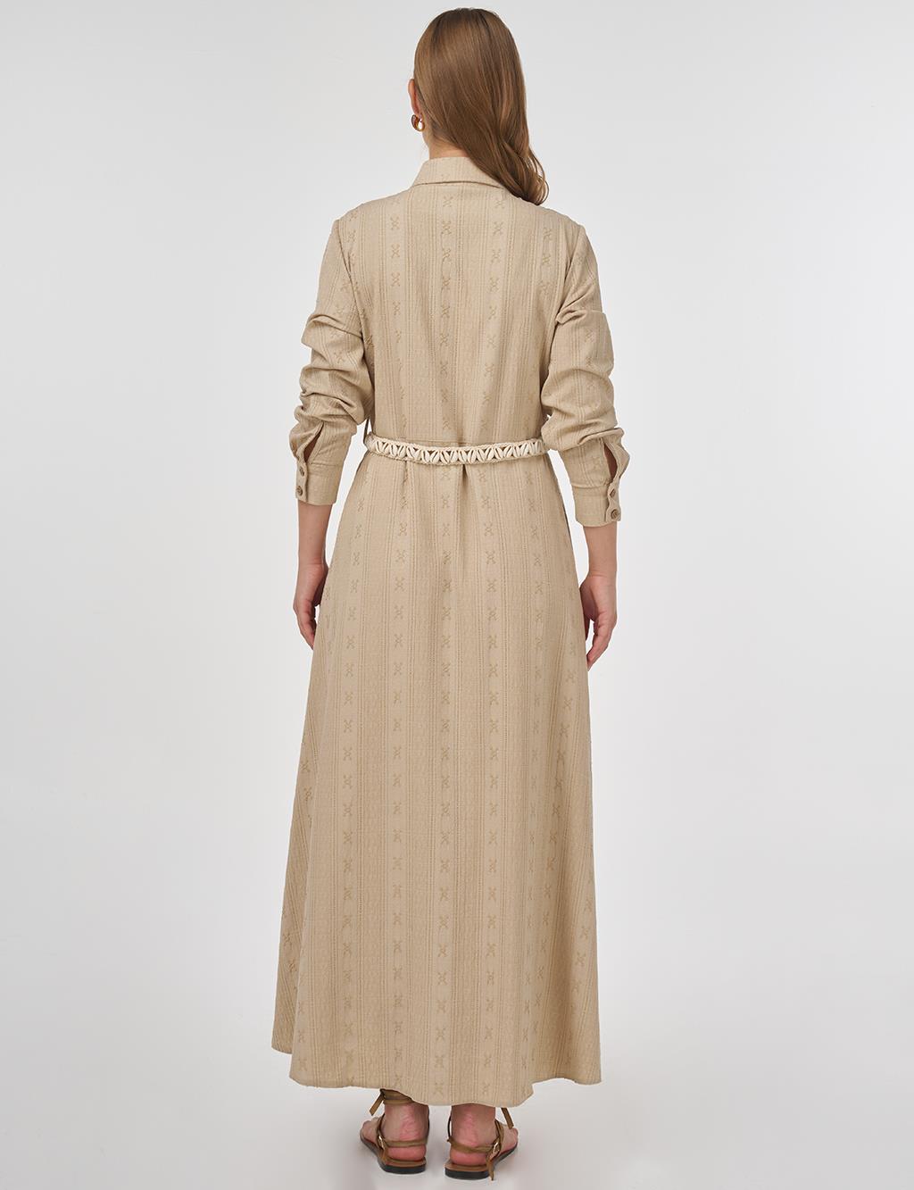 Belted Crinkled Dress in Cream