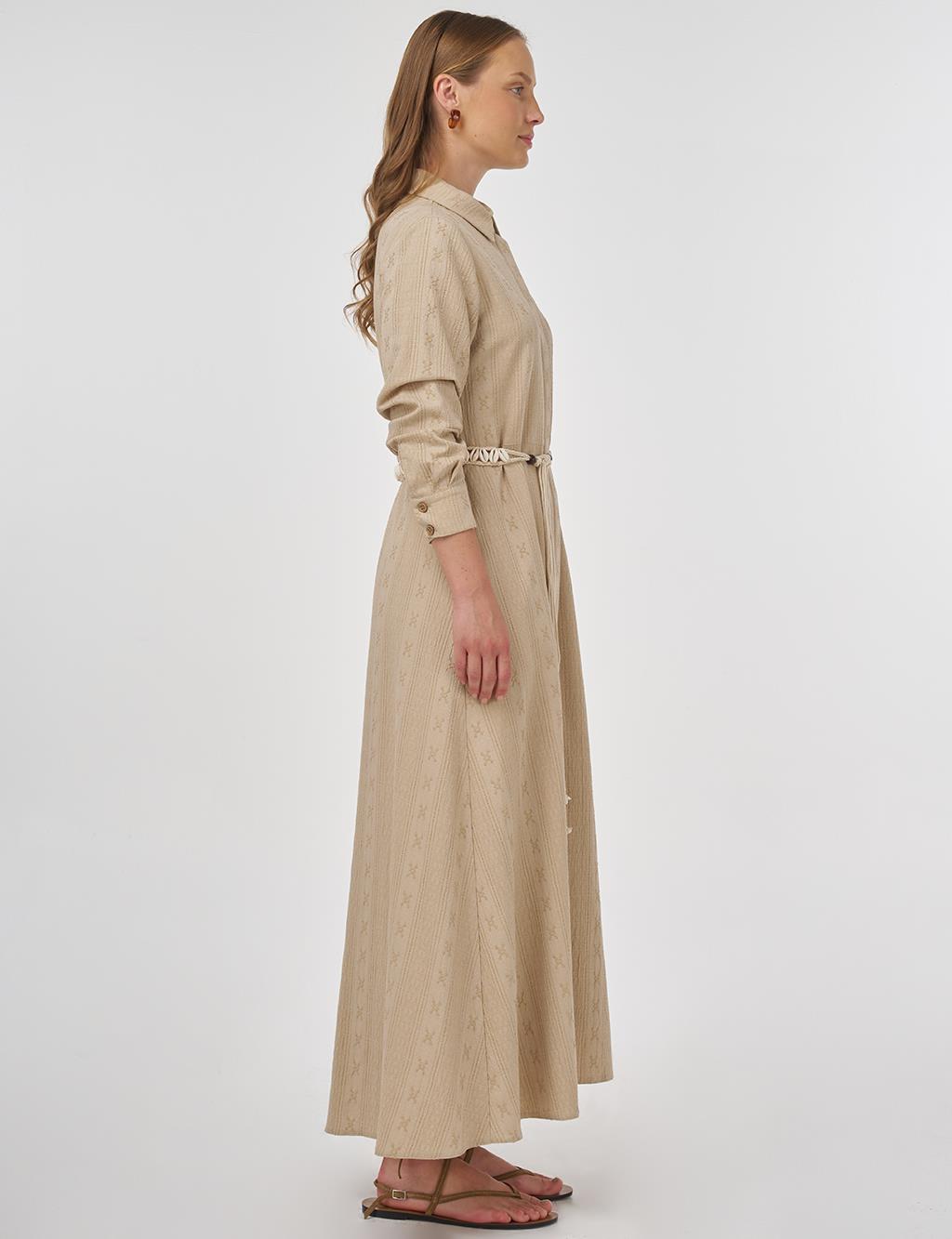 Belted Crinkled Dress in Cream