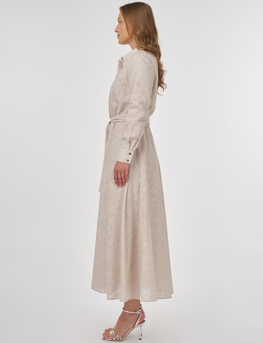 Embroidered Collar Cotton Dress Stone