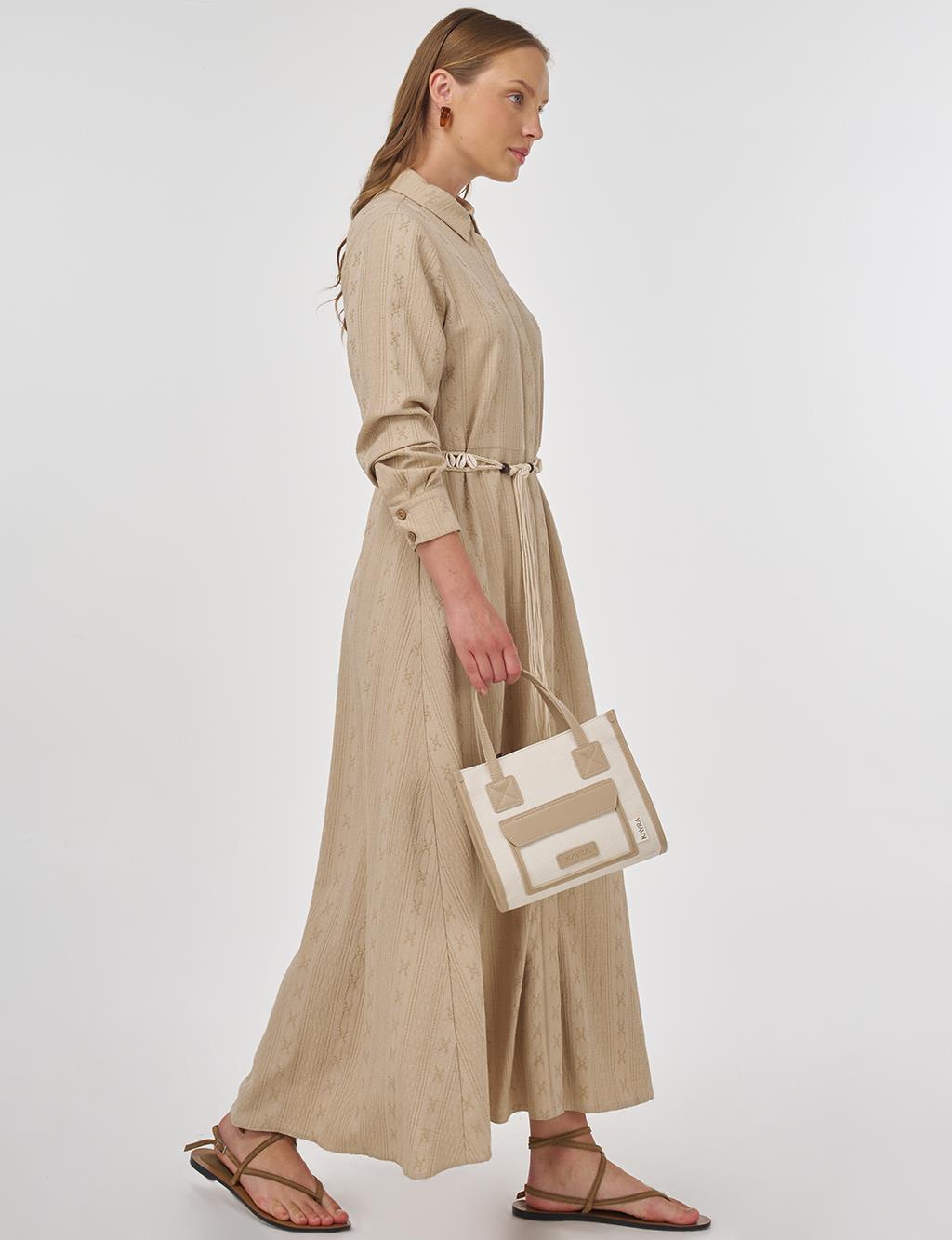 Belted Crinkled Dress in Cream