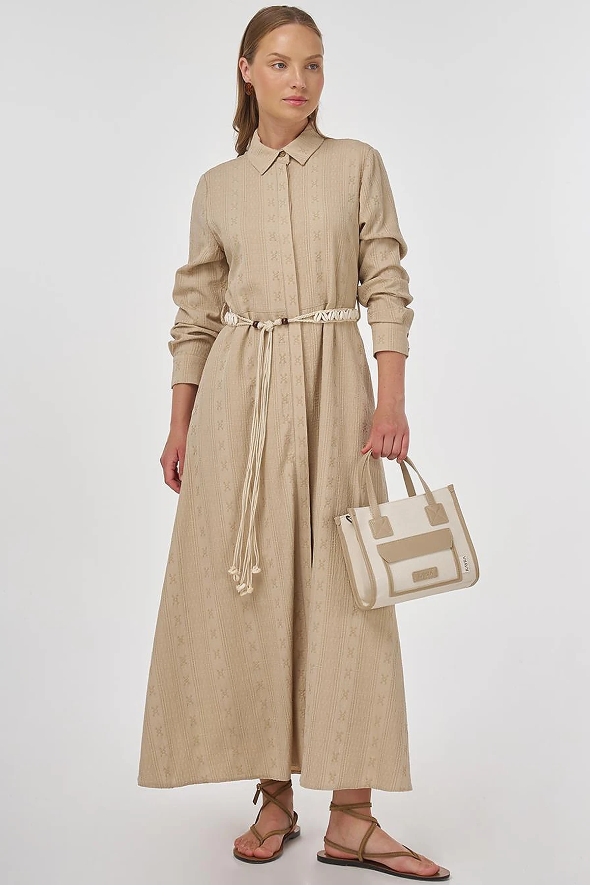 Belted Crinkled Dress in Cream