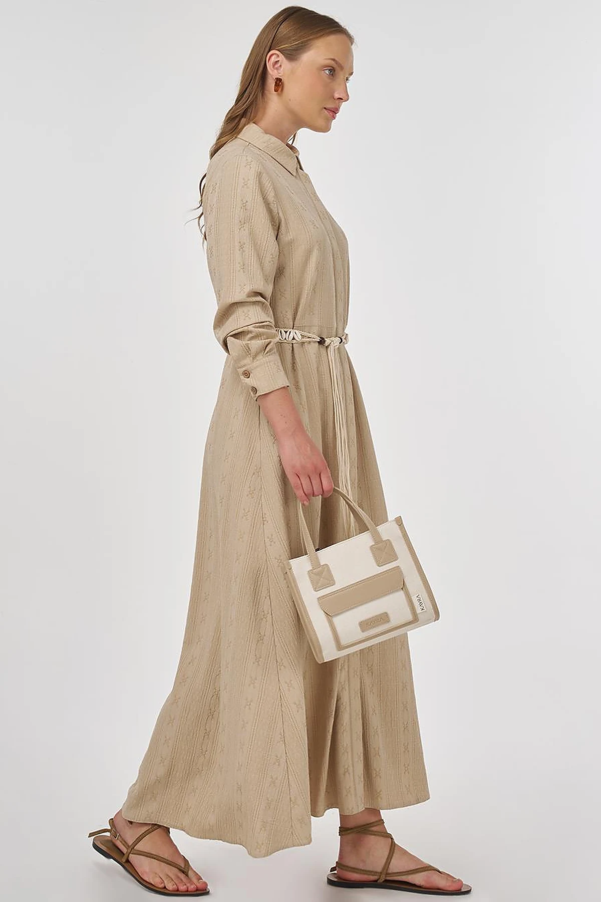 Belted Crinkled Dress in Cream