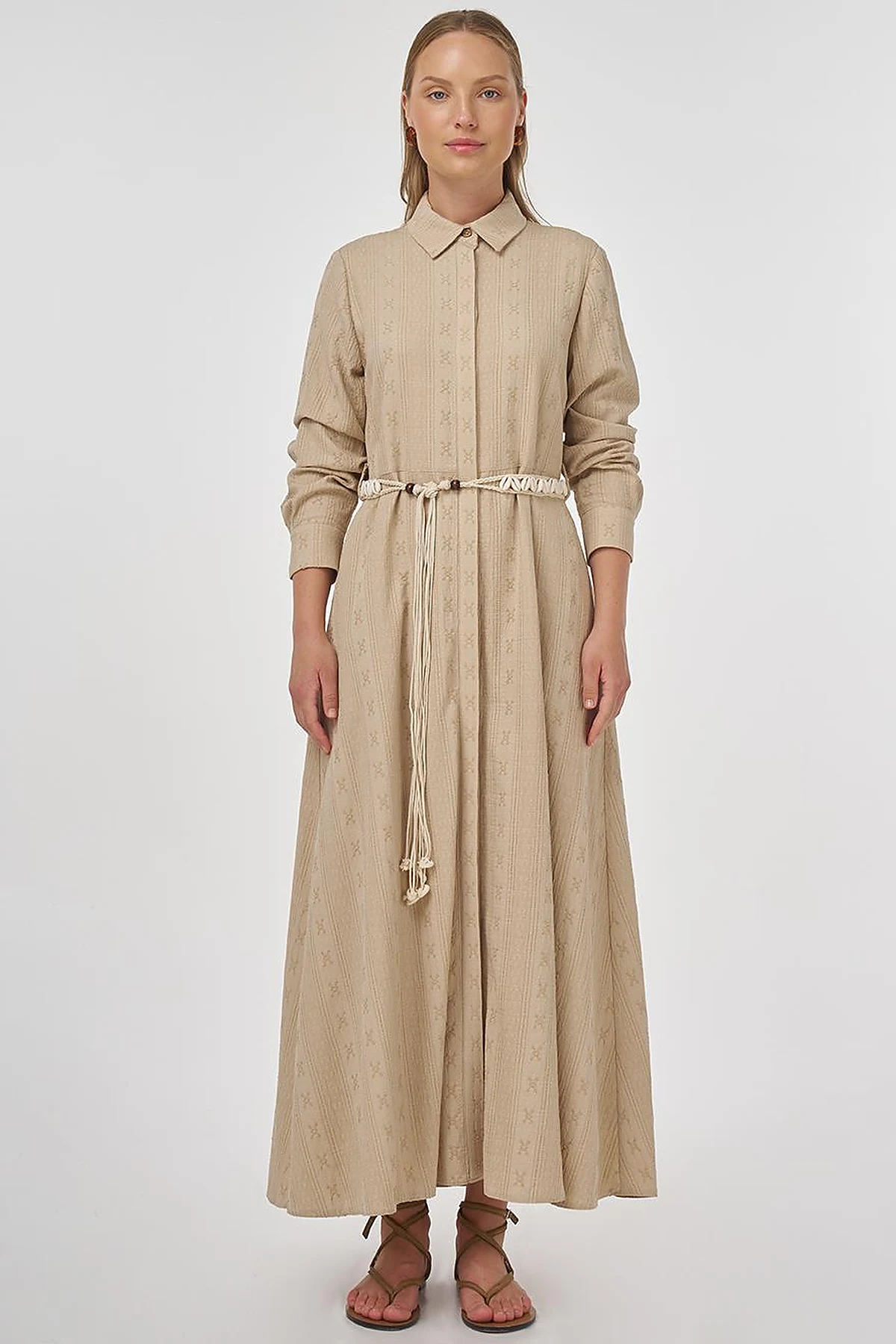 Belted Crinkled Dress in Cream