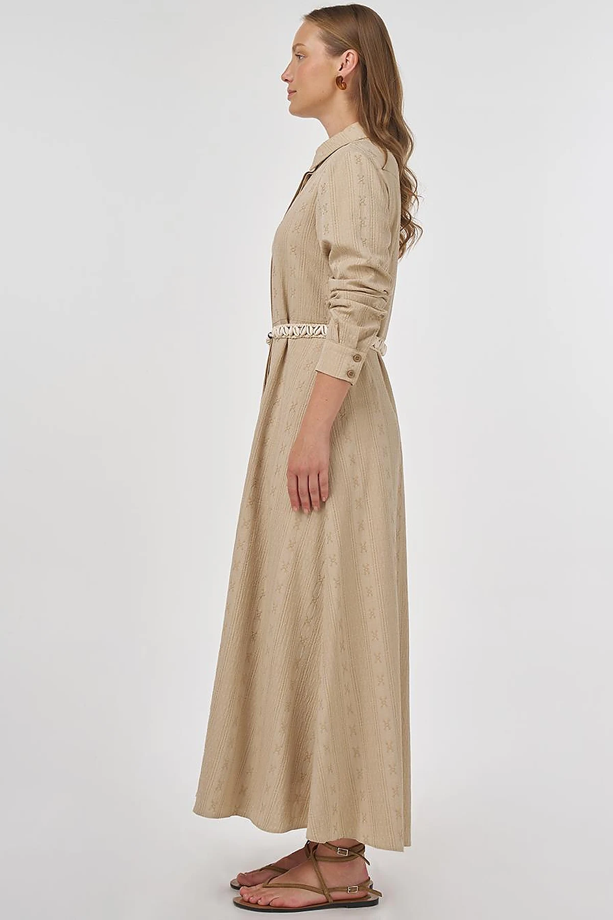 Belted Crinkled Dress in Cream