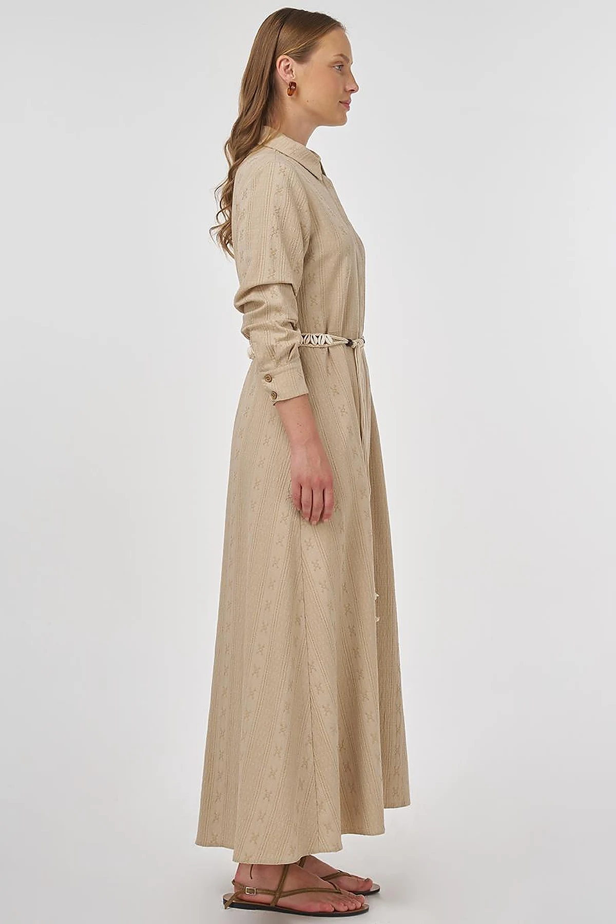 Belted Crinkled Dress in Cream