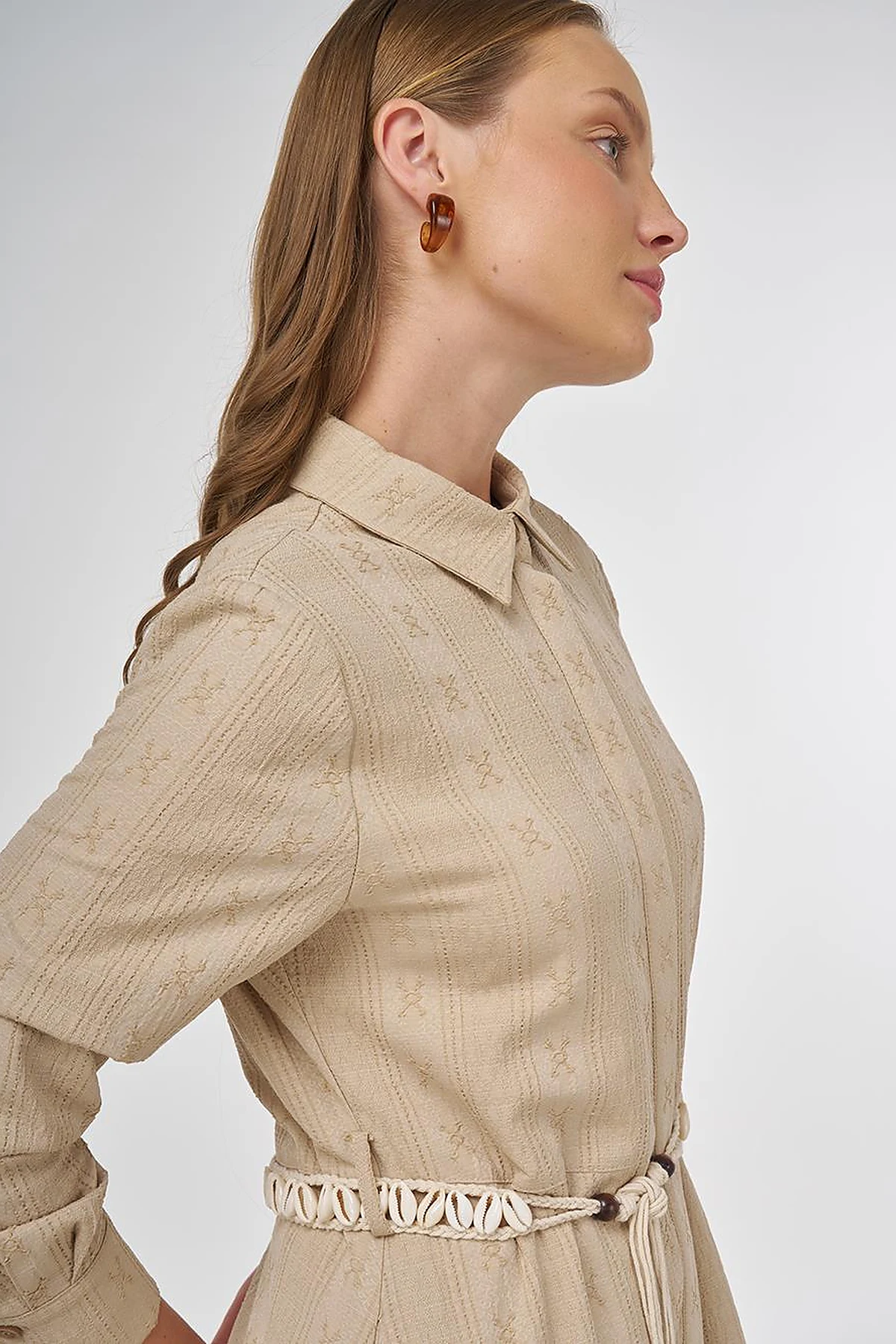 Belted Crinkled Dress in Cream