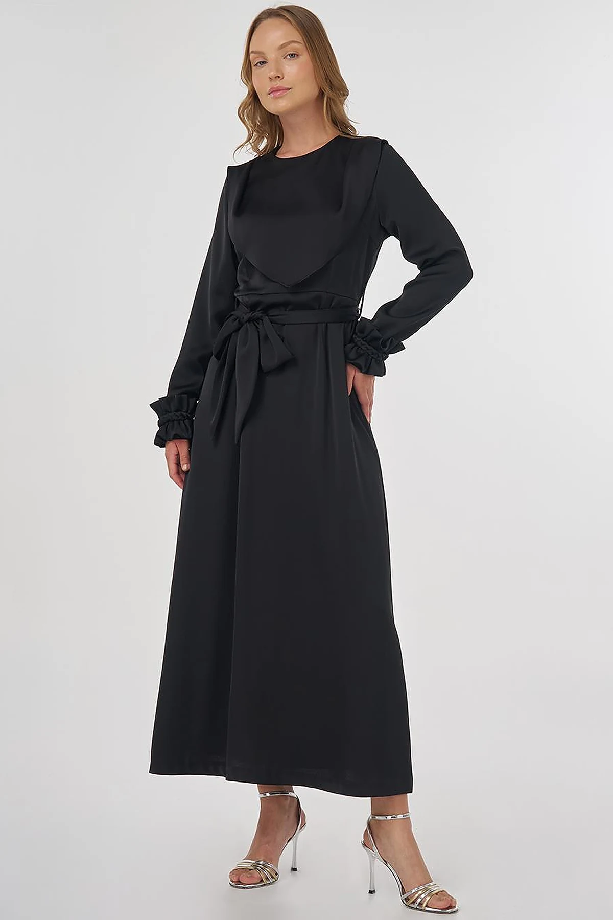 Satin Dress with Collar Detail Black