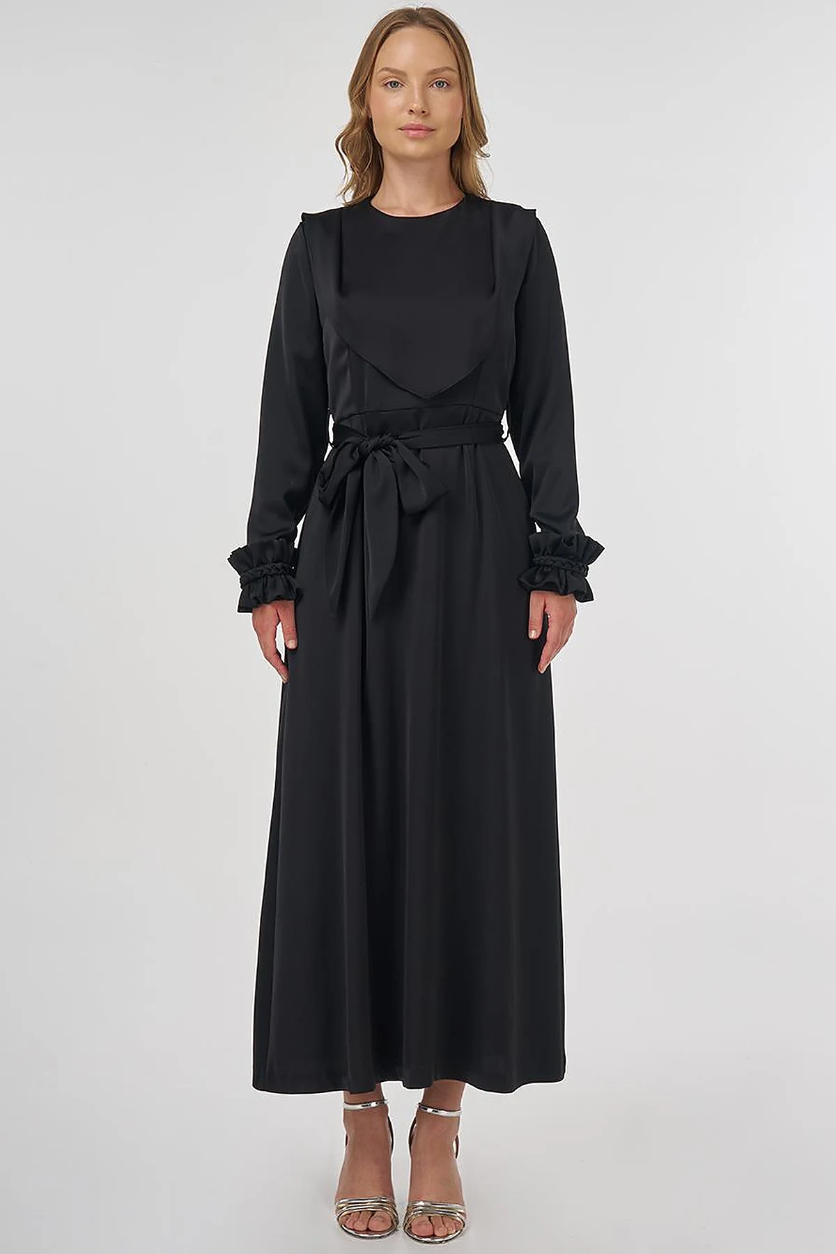 Satin Dress with Collar Detail Black